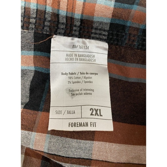 Eddie Bauer Workwear Foreman Fit 2XL Plaid Short Sleeve Shirt Brown Distressed - Picture 11 of 12